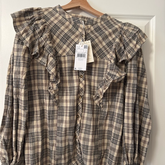 Mango Plaid Ruffle Blouse - Cream and Gray - Picture 6 of 8